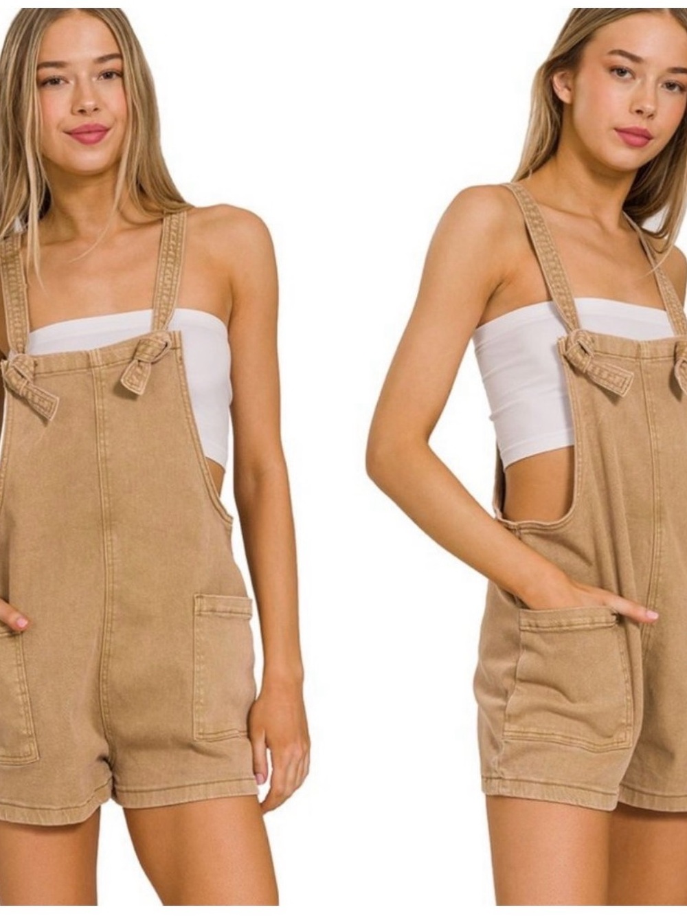 Zenana Light Camel Washed Knot Strap Stretch Denim Overall Pocket Romper NEW